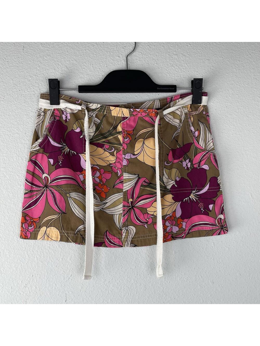 Vintage Y2K Roxy Mini Skirt Floral Hawaiian Tropical Cotton With Belt Size 5